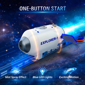 Electric Space Rocket Car Track Set with Mist Spray & Blue Lights - 86 PCS DIY STEM Building Race Track Toy with Suction Cups, Birthday Gift for Boys