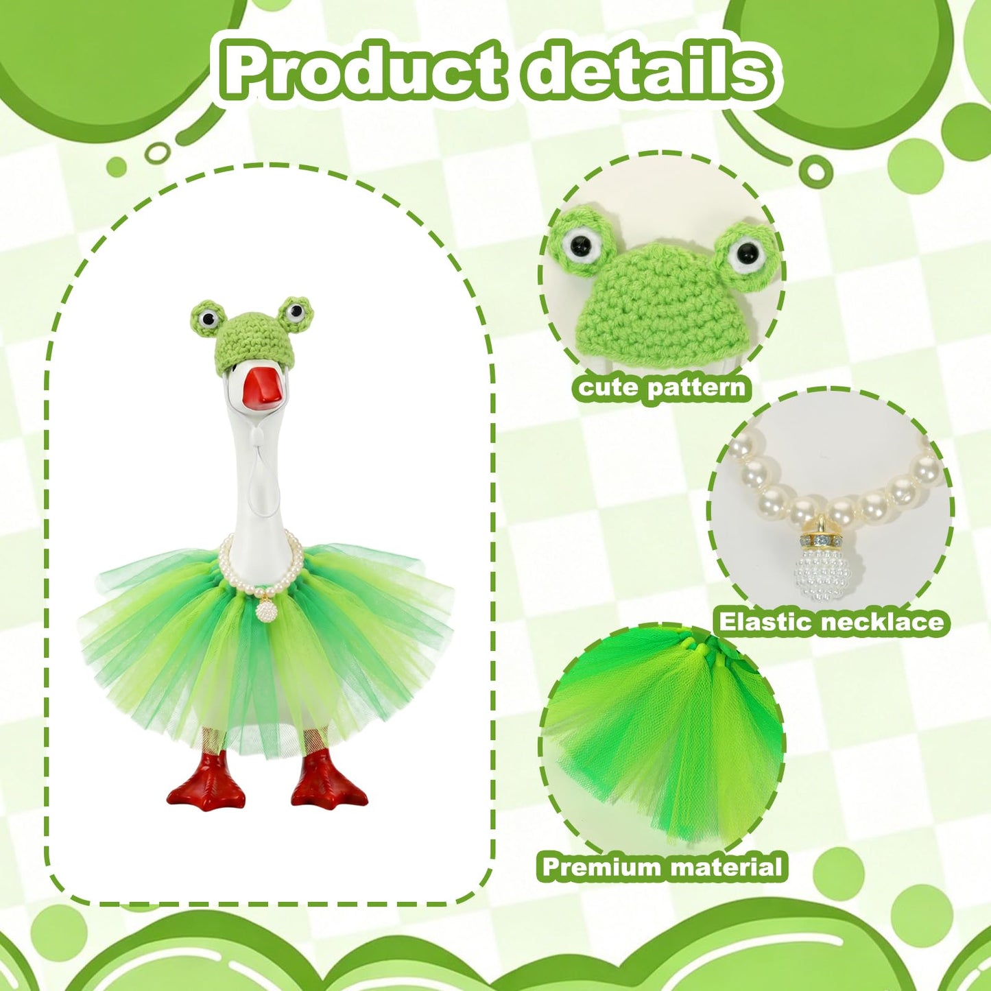 Mini Desk Goose Outfits Desktop Geese Clothes with Frog Shape Knitting Hat 7 Inch Goose Summer Green Tutu Dress Desk Goose Accessories Customs