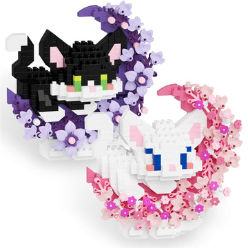 TENYEAH 2 in 1 Mini Building Block Set Animals with Flower and Moon, Micro Brick Toy Cats, Creative Art Craft and Home Decor, Birthday Gifts Idea