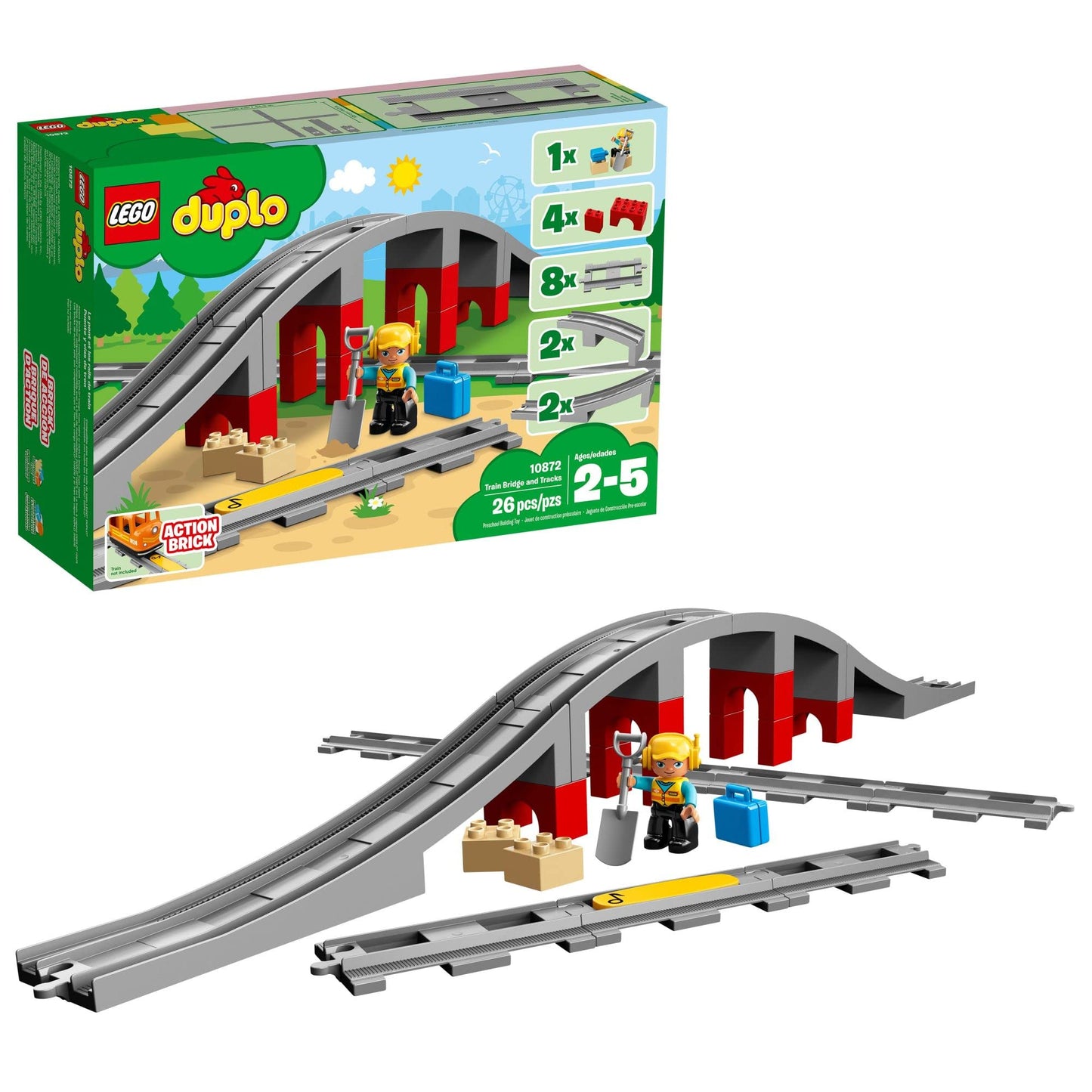 LEGO DUPLO Town Train Bridge and Tracks 10872 - Toy Set for Kids and Toddlers, Railway Building Bricks Set with a Bridge, Figure, and Horn Sound