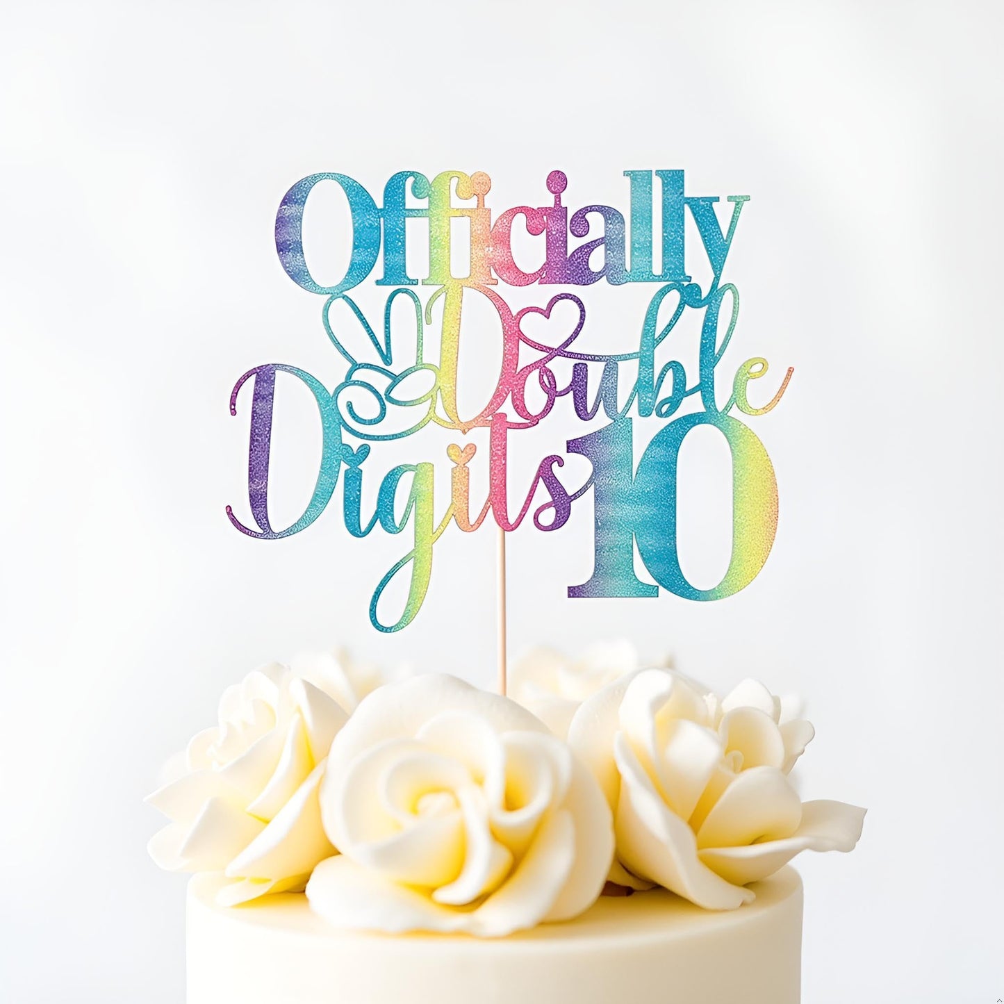 Sleyberoy Rainbow Gradient Glitter Officially Double Digits 10 Cake Topper