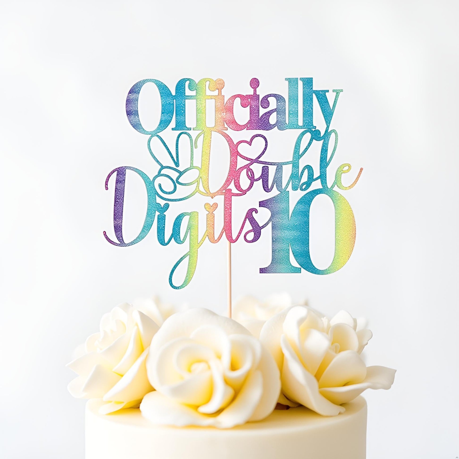 Sleyberoy Rainbow Gradient Glitter Officially Double Digits 10 Cake Topper
