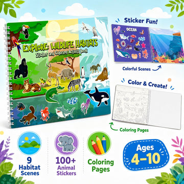 Animal Habitats Sticker and Coloring Book. 9 Habitats with Stickers and Coloring Pages. Engaging, Educational, Interactive, Fun, and Colorful.