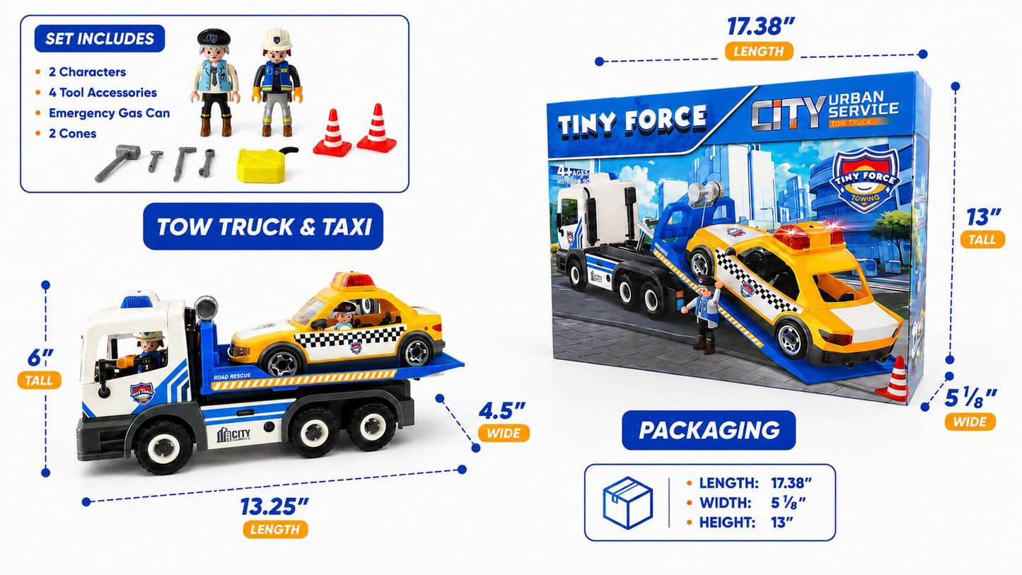 Tiny Force Tow Truck Toy with Taxi, Toy Truck Playset for Boys & Girls, Includes 2 Action Figures & Accessories, Lights & Sounds, Ages 4+