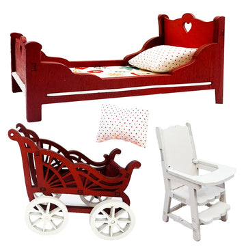 Miniature Furniture Set, Red and White Wooden Room Accessories,1/12 Scale, 5 Piece Desk,Table,Shelf Decor