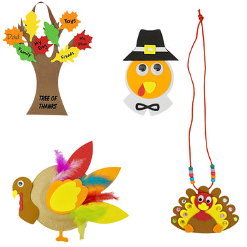 4E's Novelty Thanksgiving Craft for Kids (Makes 4) Includes - Foam Thankful Tree, Turkey Plate, Pilgrim Magnet, Turkey Necklace - Dinner Activity