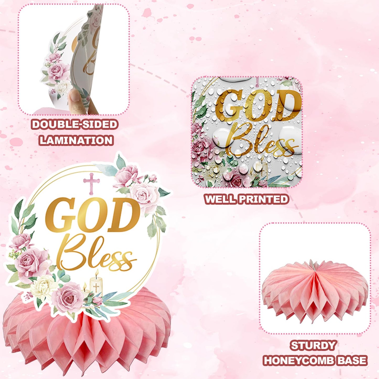 24Pcs Baptism Decorations for Girls, Pink Floral Baptism Centerpieces for Tables, Baptism Decor Honeycomb Centerpiece Double Sided Table Toppers