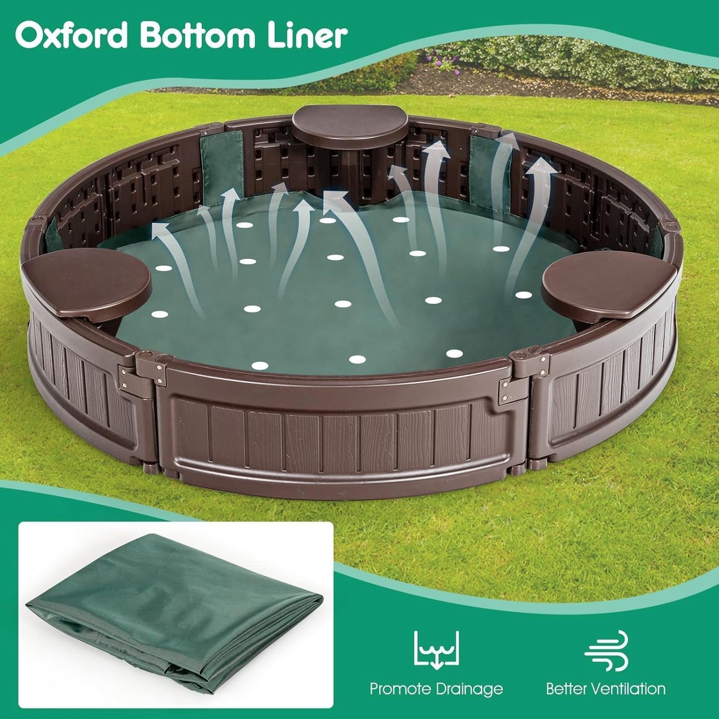 Costzon Round Kids Sandbox with Cover, HDPE Sand Pit w/Detachable Built-in Seating & Bottom Liner for Backyard, Garden, Beach, Lawn, Outdoor Sand Box