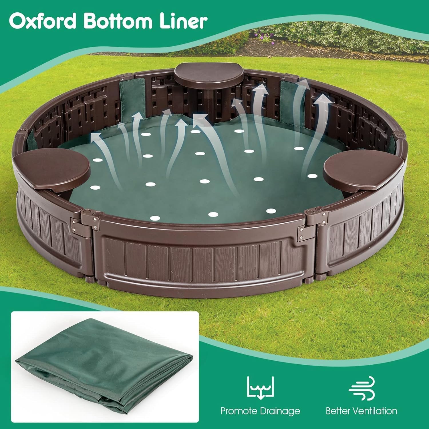 Costzon Round Kids Sandbox with Cover, HDPE Sand Pit w/Detachable Built-in Seating & Bottom Liner for Backyard, Garden, Beach, Lawn, Outdoor Sand Box