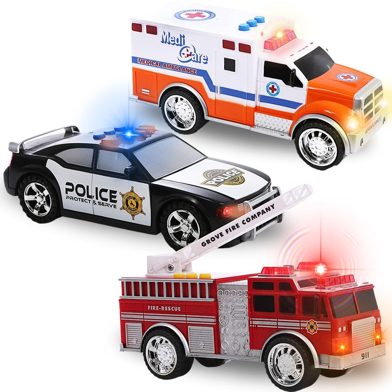 Liberty Imports 3-in-1 True Hero Emergency Rescue Vehicles Kids Toy Cars Playset - Ambulance, Fire Truck and Police Car with 3-Button LED Light