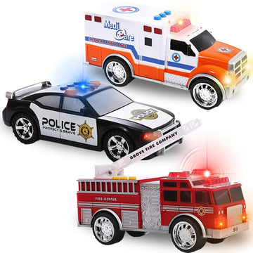 Liberty Imports 3-in-1 True Hero Emergency Rescue Vehicles Kids Toy Cars Playset - Ambulance, Fire Truck and Police Car with 3-Button LED Light