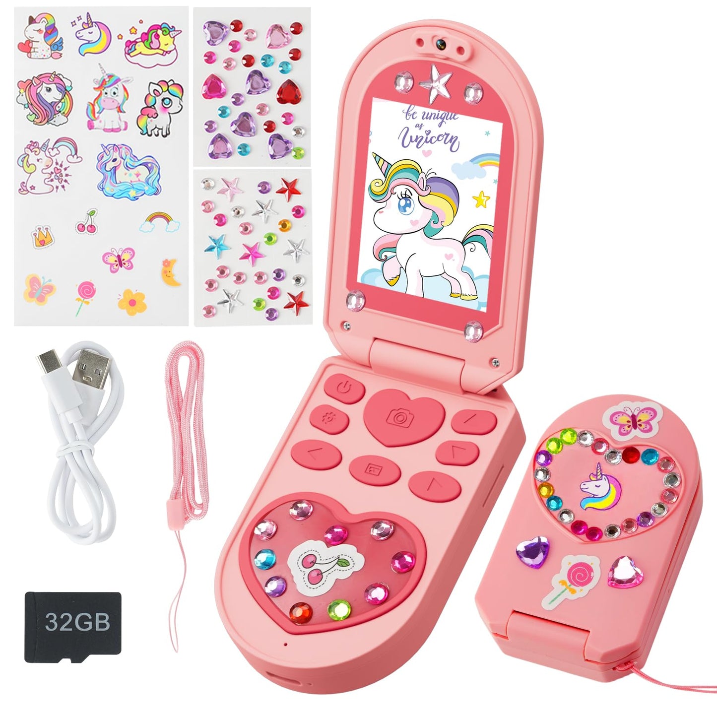 Kids Camera, 3-7 Years Old Girls Gifts, 2.0-inch Flip Phone Digital Camera with 32GB SD Card, DIY Stickers, 1080P Video, Games, Music Player