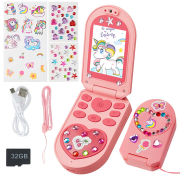 Kids Camera, 3-7 Years Old Girls Gifts, 2.0-inch Flip Phone Digital Camera with 32GB SD Card, DIY Stickers, 1080P Video, Games, Music Player