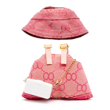 LYBHYQTII Clothes Compatible with Labubu 17cm, Premium Handmade Dolls Accessories with Chic Grid Hat & Rompers & Bag 3 Piece Set, High-End Fashion