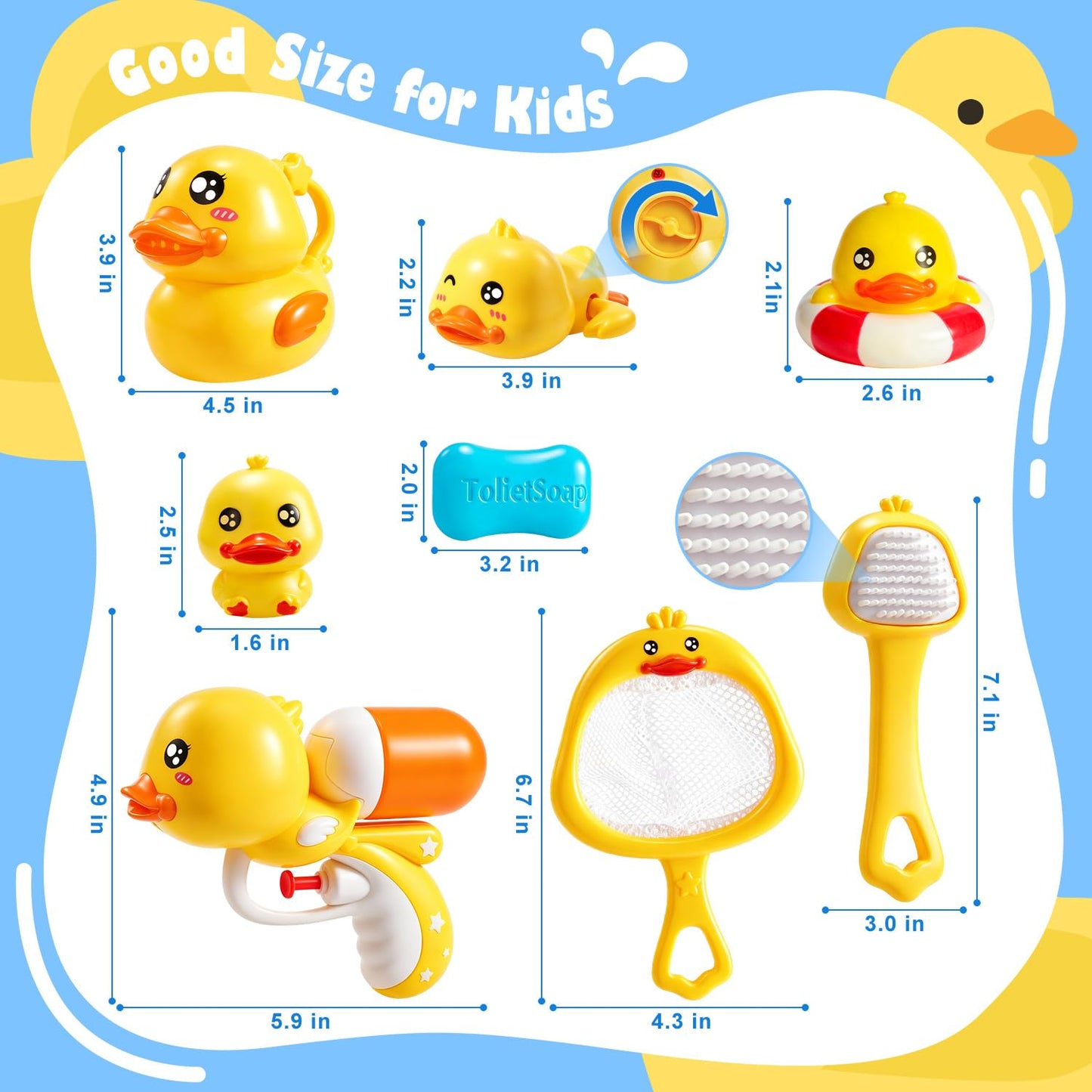 8 PCS Baby Bath Duck Toys for Toddlers Age 1-3, Kids Bathtub Toys Set with Squirt Gun, Watering Can, Floating Rubber Ducks and Fishing Net, Baby