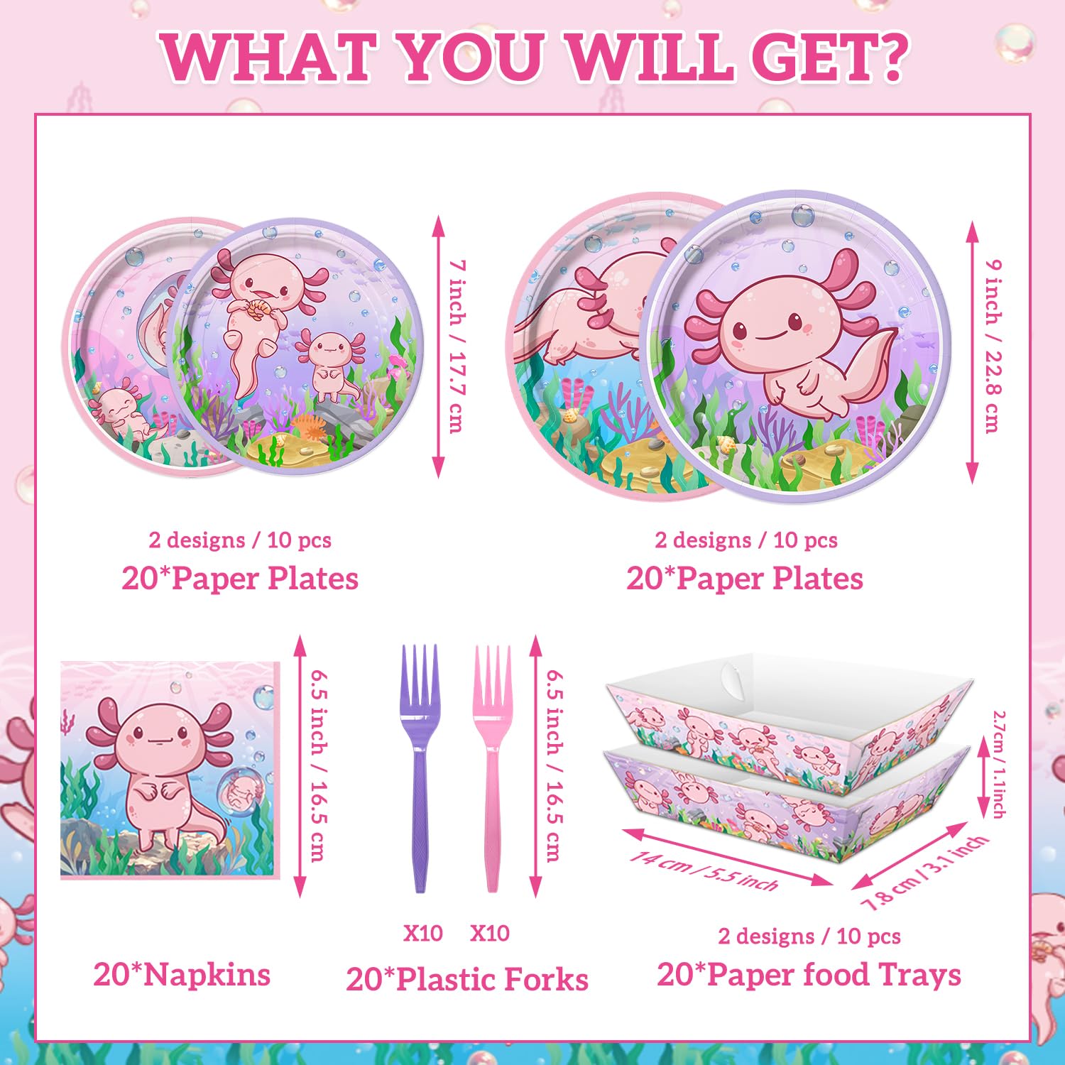100PCS Pink Cartoon Axolotl Birthday Party Decorations, Axolotl Party Supplies Plates and Napkins Set, Axolotl Theme Paper Food Trays Large Food