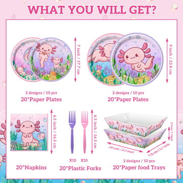 100PCS Pink Cartoon Axolotl Birthday Party Decorations, Axolotl Party Supplies Plates and Napkins Set, Axolotl Theme Paper Food Trays Large Food