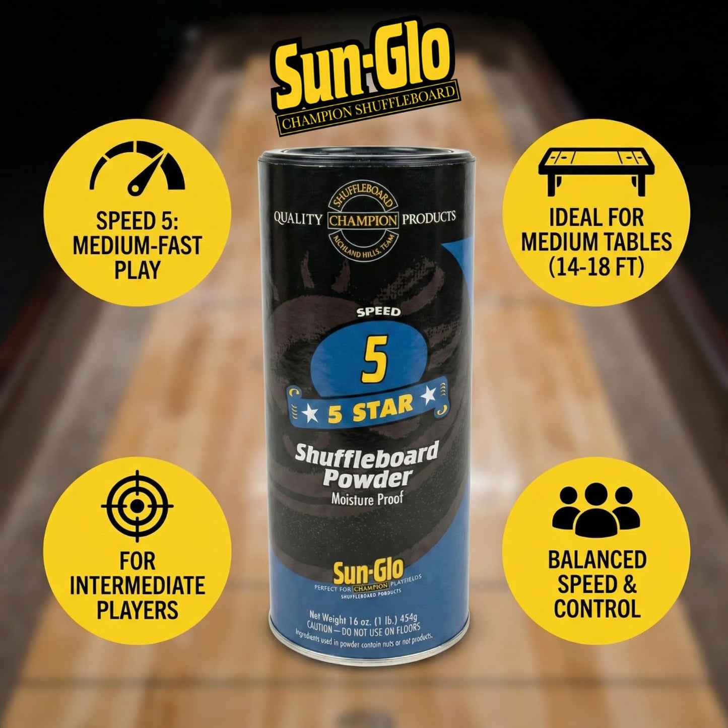 Sun-Glo Speed #5 (Five Star) Shuffleboard Powder Wax - Medium-Slow Speed for 12-16 Foot Tables - 16 oz Shaker Can (Pack of 3)