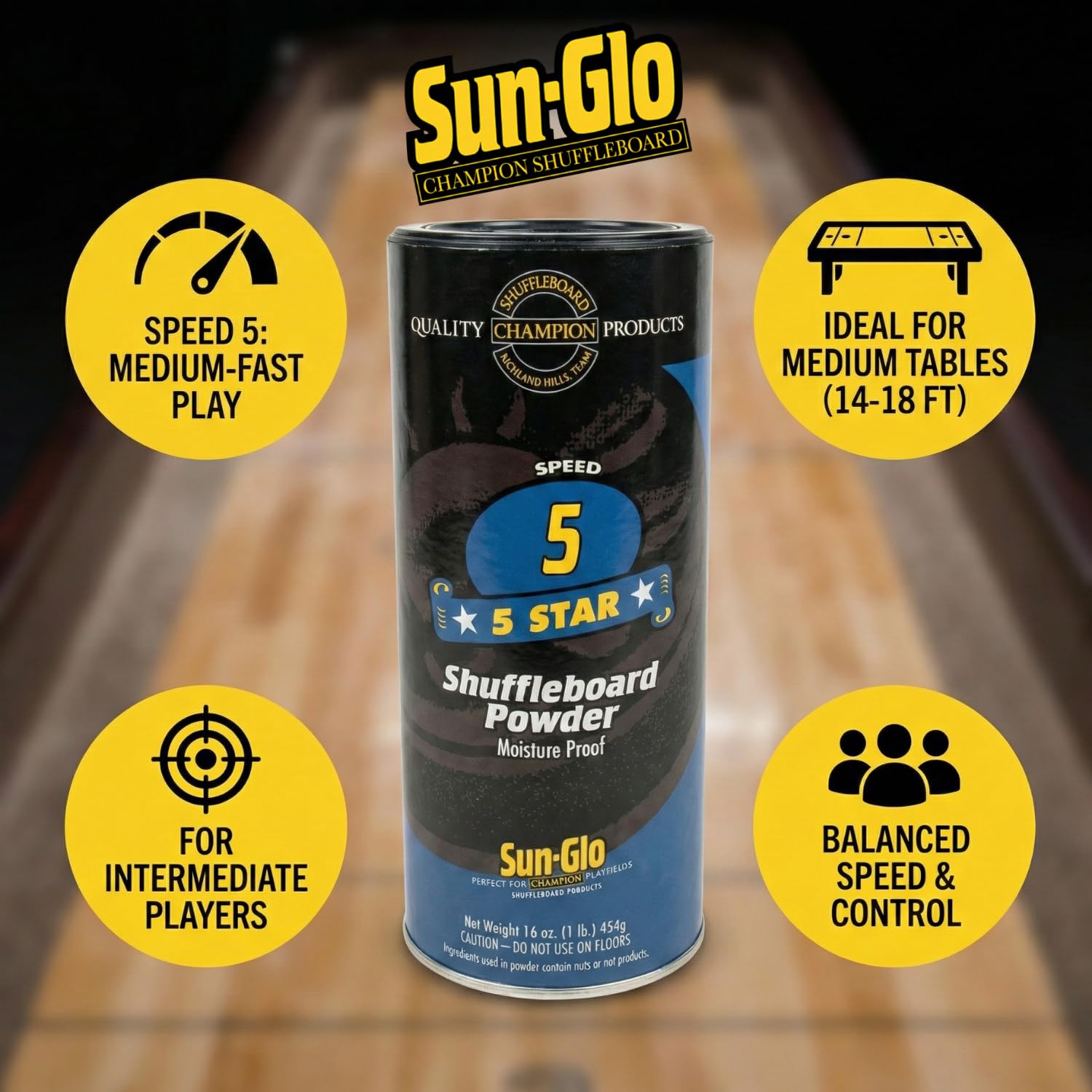 Sun-Glo Speed #5 (Five Star) Shuffleboard Powder Wax - Medium-Slow Speed for 12-16 Foot Tables - 16 oz Shaker Can (Pack of 3)