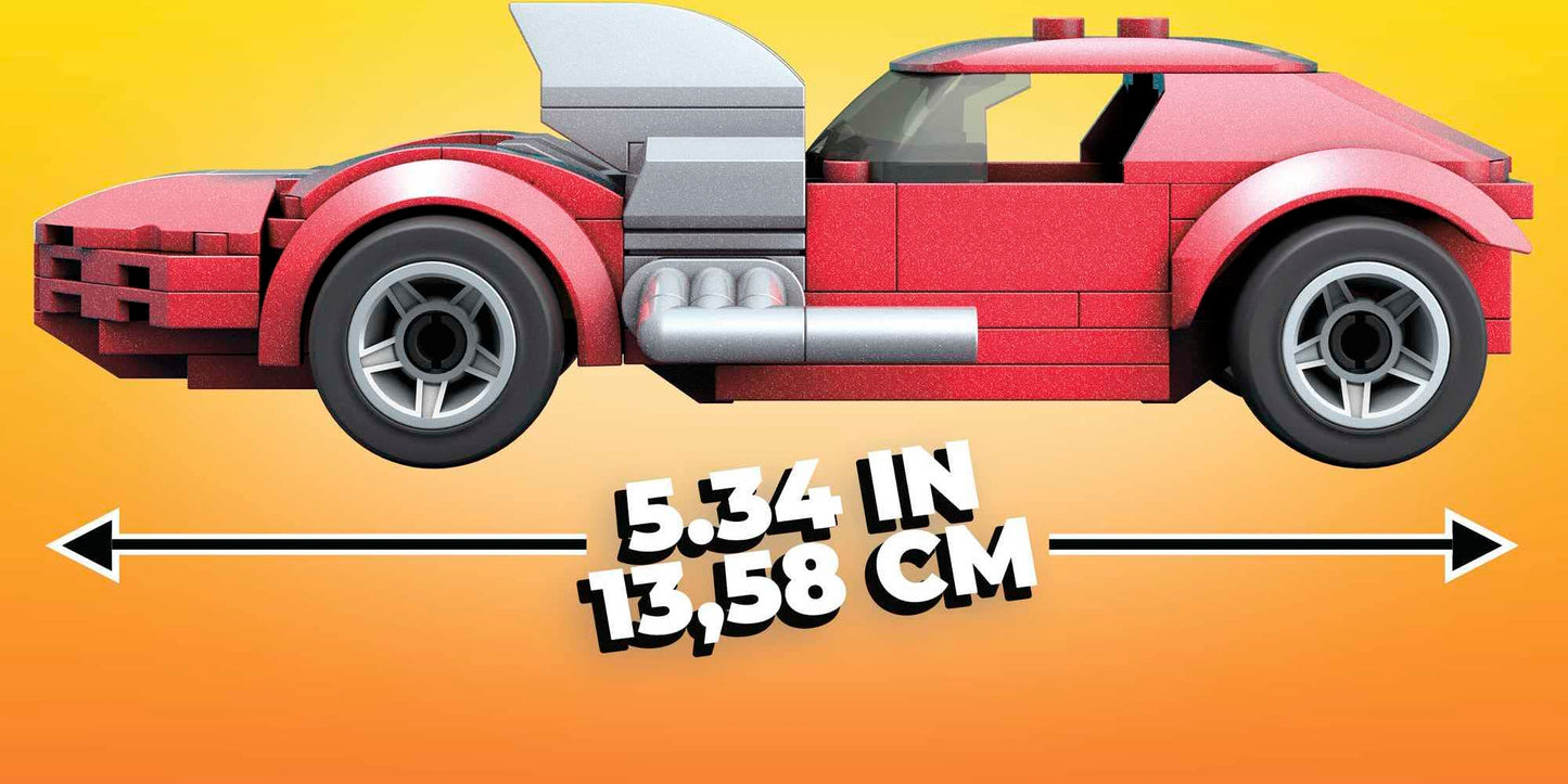 Mega Hot Wheels Twin Mill racecar building set with 101 pieces with micro figure driver figure, toy gift set for ages 5 and up