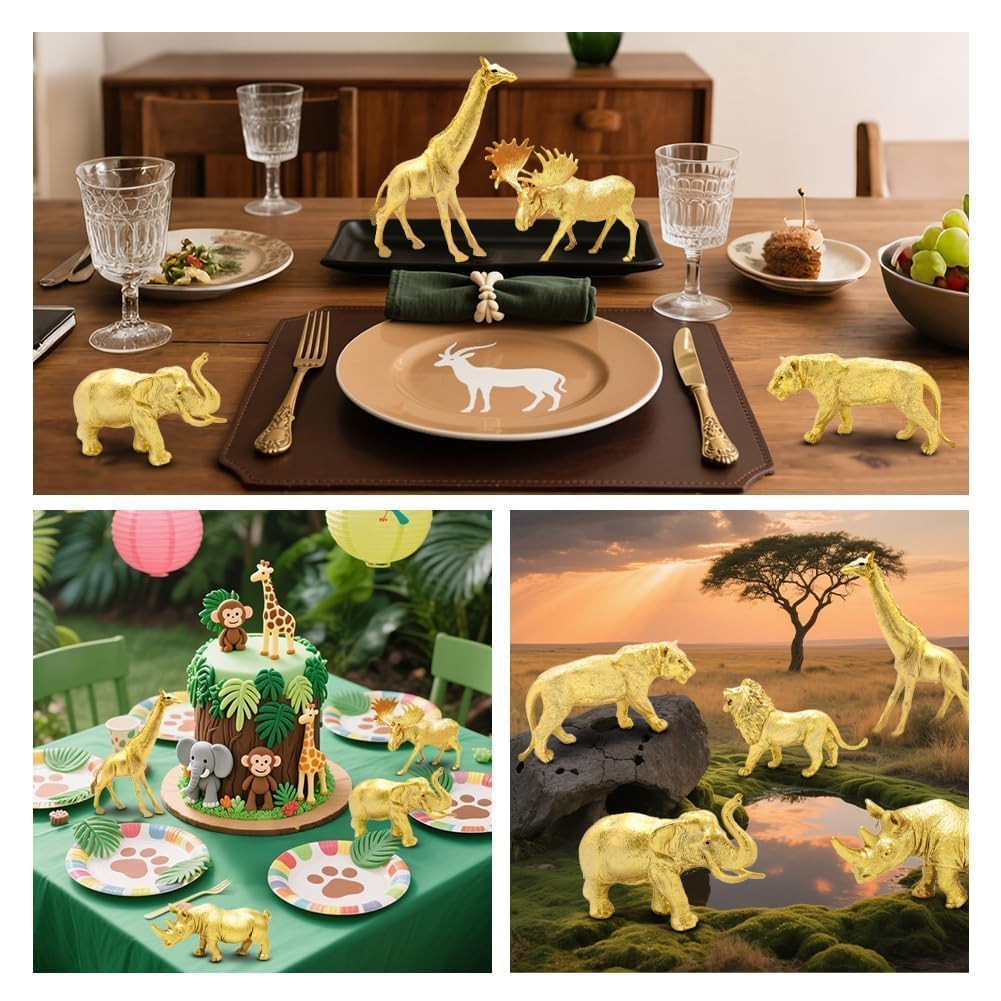 Metallic Gold Plastic Animal Figurines Toys, 12PCS Golden Safari Zoo Animal Figures, Jungle Wild Animals for Baby Shower Decor, Safari Themed Birthday