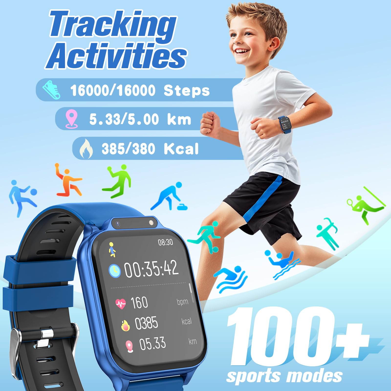 Smart Watch for Kids 1.85" with Fitness Tracker, Sleep Monitor, 22/100+ Sport Modes, DIY Dial, IP68 Waterproof, Step Counter, Heart Rate, Camera