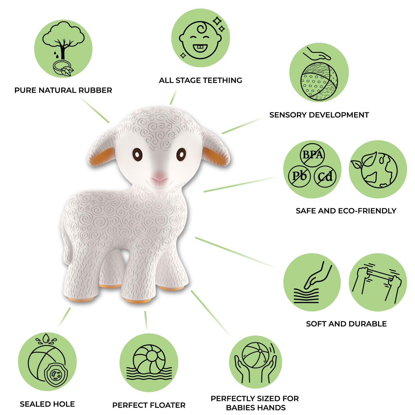 CaaOcho Pure Natural Rubber Teething Baby Toy - Mia the Lamb Teether for Babies, BPA Free Baby Toy, All Natural Teething Toys for Babies 0-6, Safe