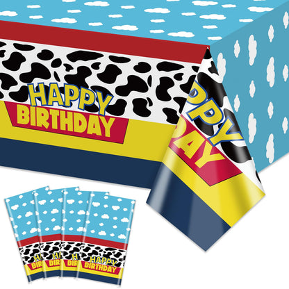 QUERICKY 4 Pack Story Tablecloths, 51x87'' Cow Pattern Table Cover, Story Theme Happy Birthday Decorations for Boy Girl Kids Birthday Party Supplies