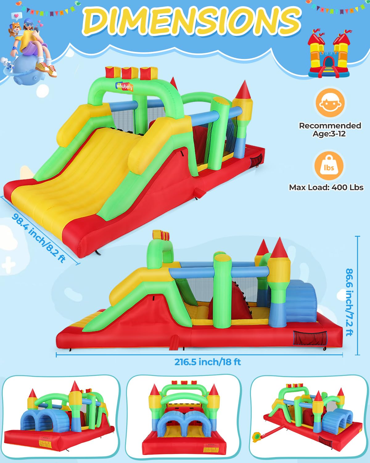 18 x 8.2 x 7.2FT Inflatable Obstacle Course Bounce House for Kids 3-12 with Blower, Large Blow up Bouncer Castle w/Dual Tunnels, Wide Slide, Climbing