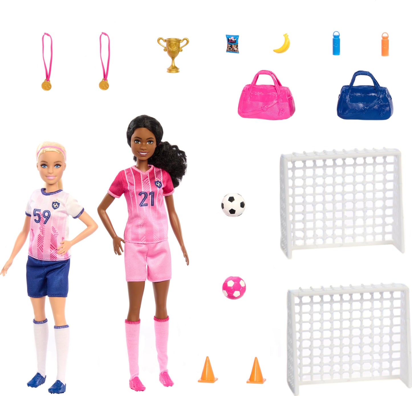 Barbie Careers Dolls & 15 Accessories, Soccer Player Playset Brooklyn” & Blonde Petite Player Dolls, 2 Nets, 2 Balls & More