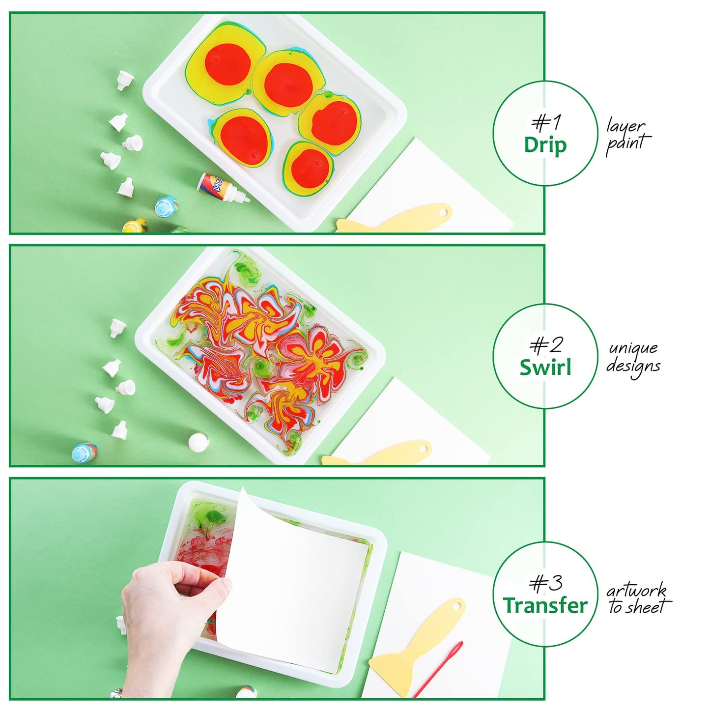 CraftBud Marbling Paint Kit for Kids with 10 Paint Colors, Water Art Paint Sets, Guide Books, 2 Aprons, 2 Sheets of Stickers, 2 Mixing Spoons, 2 Water