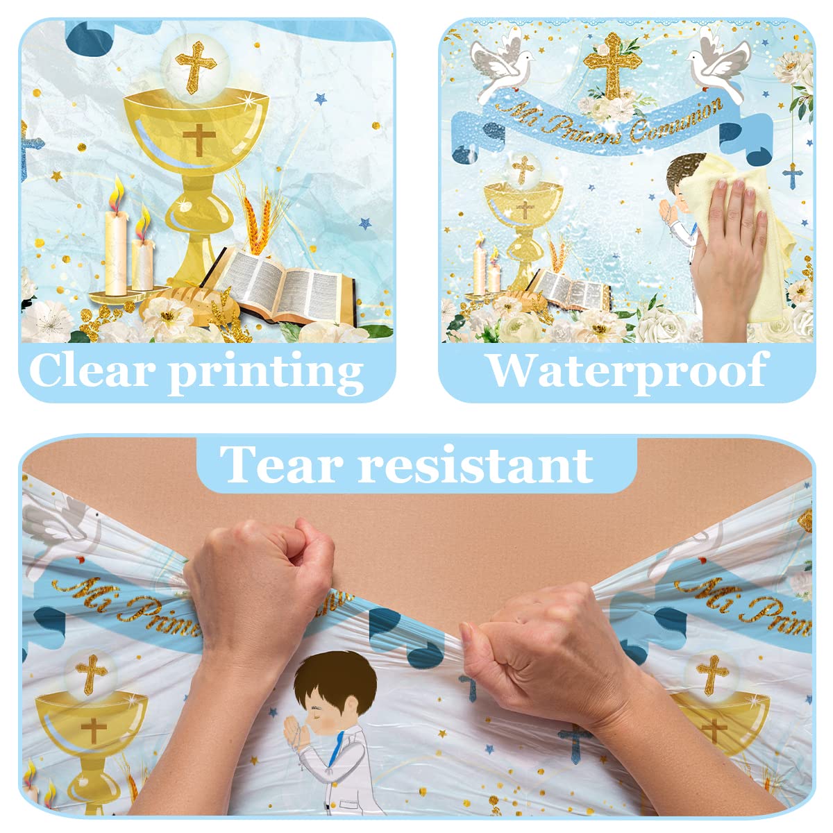 Gupesxu First Communion Decorations-3pcs Blue Mi Primera Comunion Tablecloth Baptism Table Covers for Boy Newborn Baby Shower Table Cloth for First