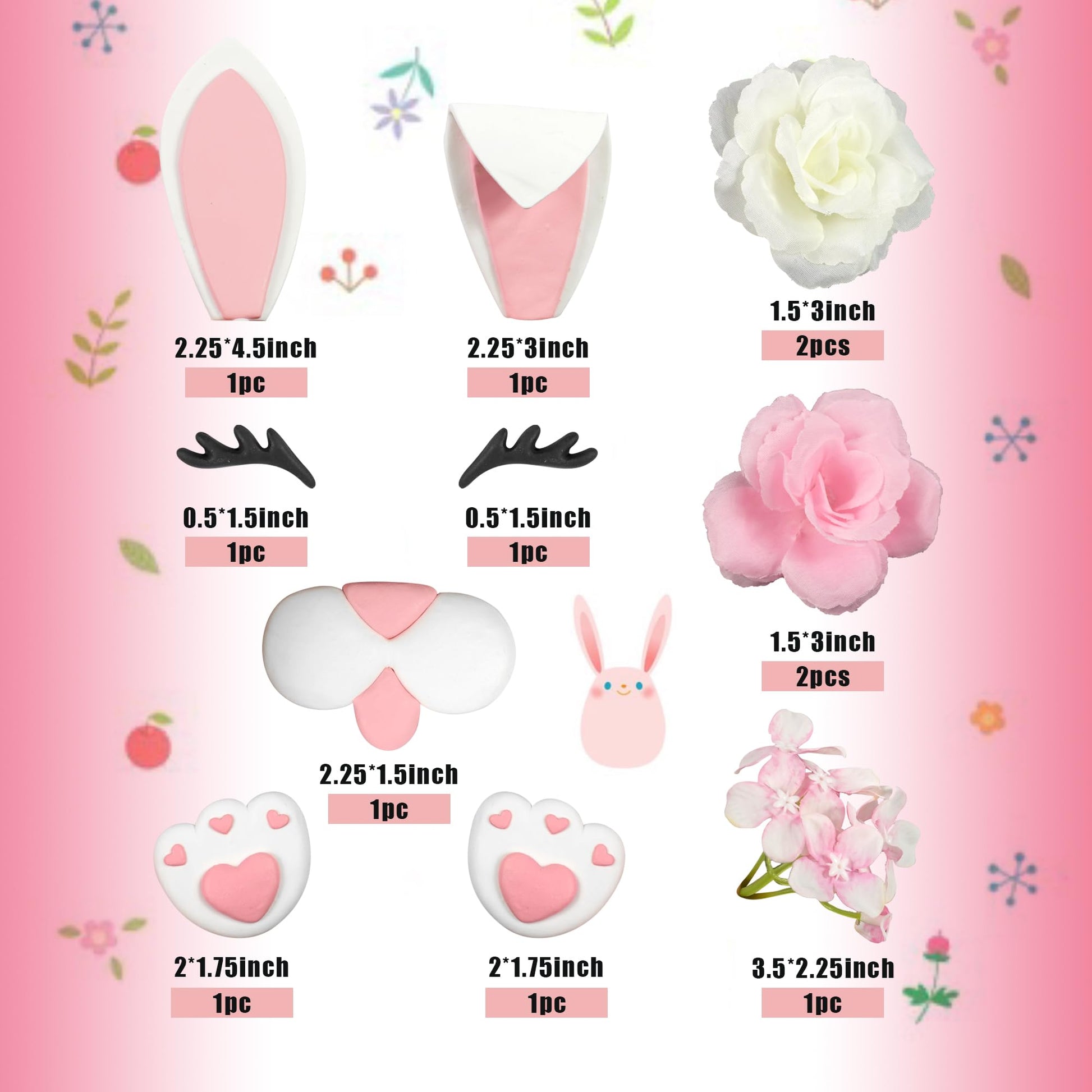 12 PCS Bunny Cake Topper with Ear Foot Flower Eye Nose for Easter Bunny Rabbit Birthday Supplies (Pink)