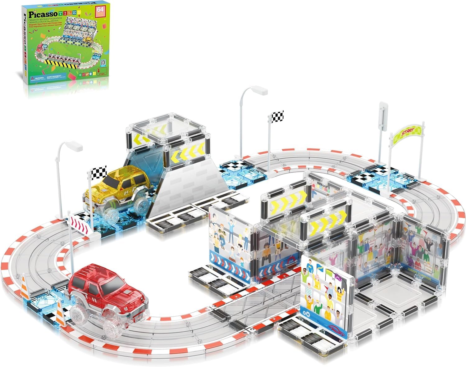 PicassoTiles Magnetic Tile Race Car Track Building Set with 2 Trucks Street Signs Stadium Accessories Construction Toy for Kids Age 3 Plus STEAM