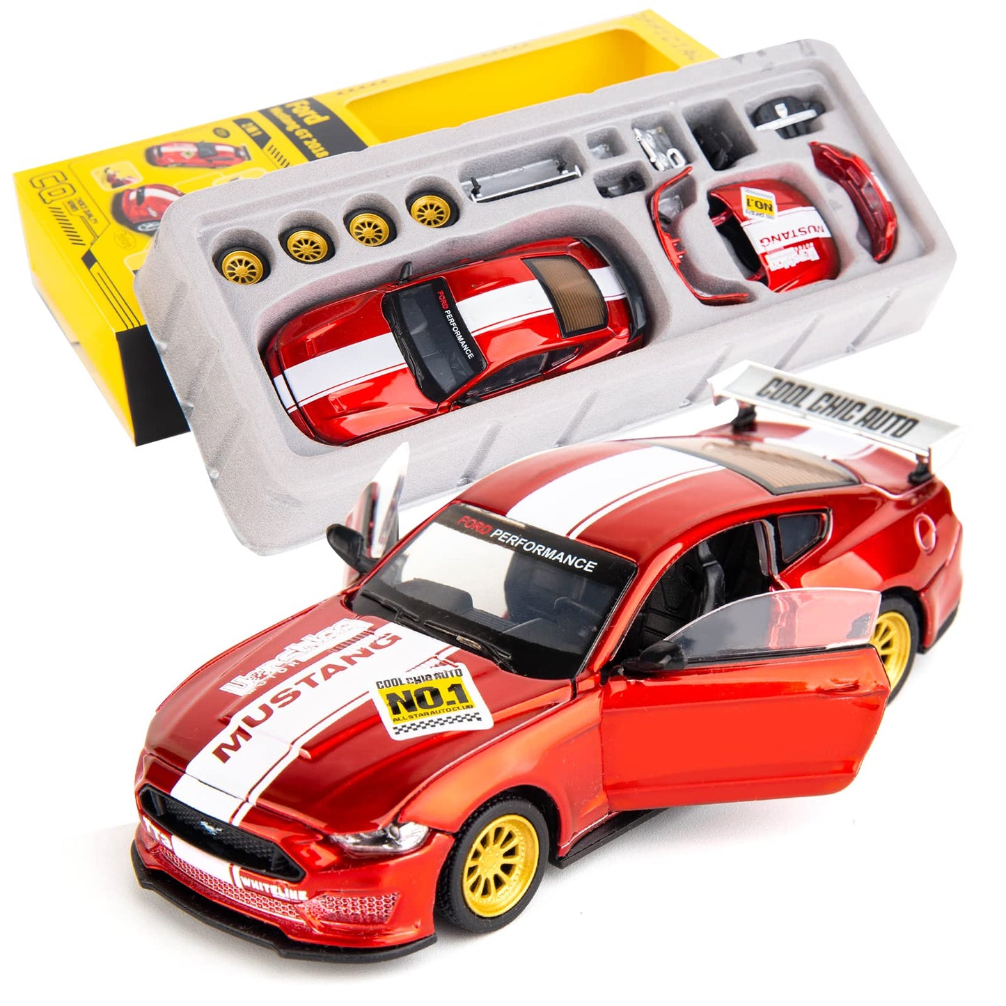 TGRCM-CZ 1/42 Ford Mustang Model, DIY Car Kit, Educational Building Toy, Children's Gift, Red