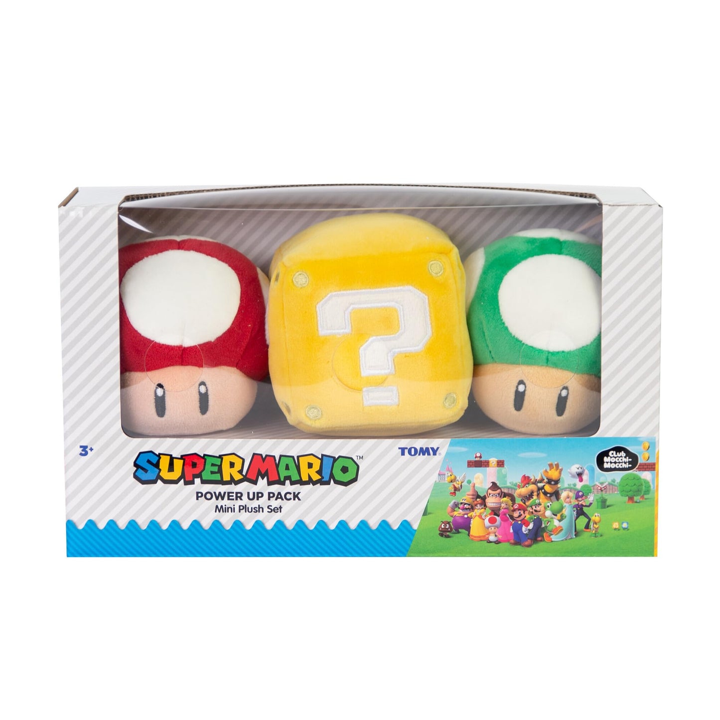 Club Mocchi- Mocchi- Super Mario Power Up Collection - Includes 1 Up Mushroom, Question Block, and Mushroom Mini Plushies - Officially Licensed