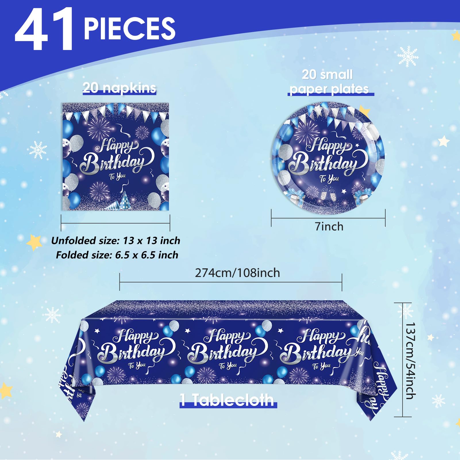 41 PCS Blue Birthday Decorations Blue and Silver Theme Tableware Sets Included Navy Blue Party Plates and Napkins Tablecloth for Men Women Birthdays