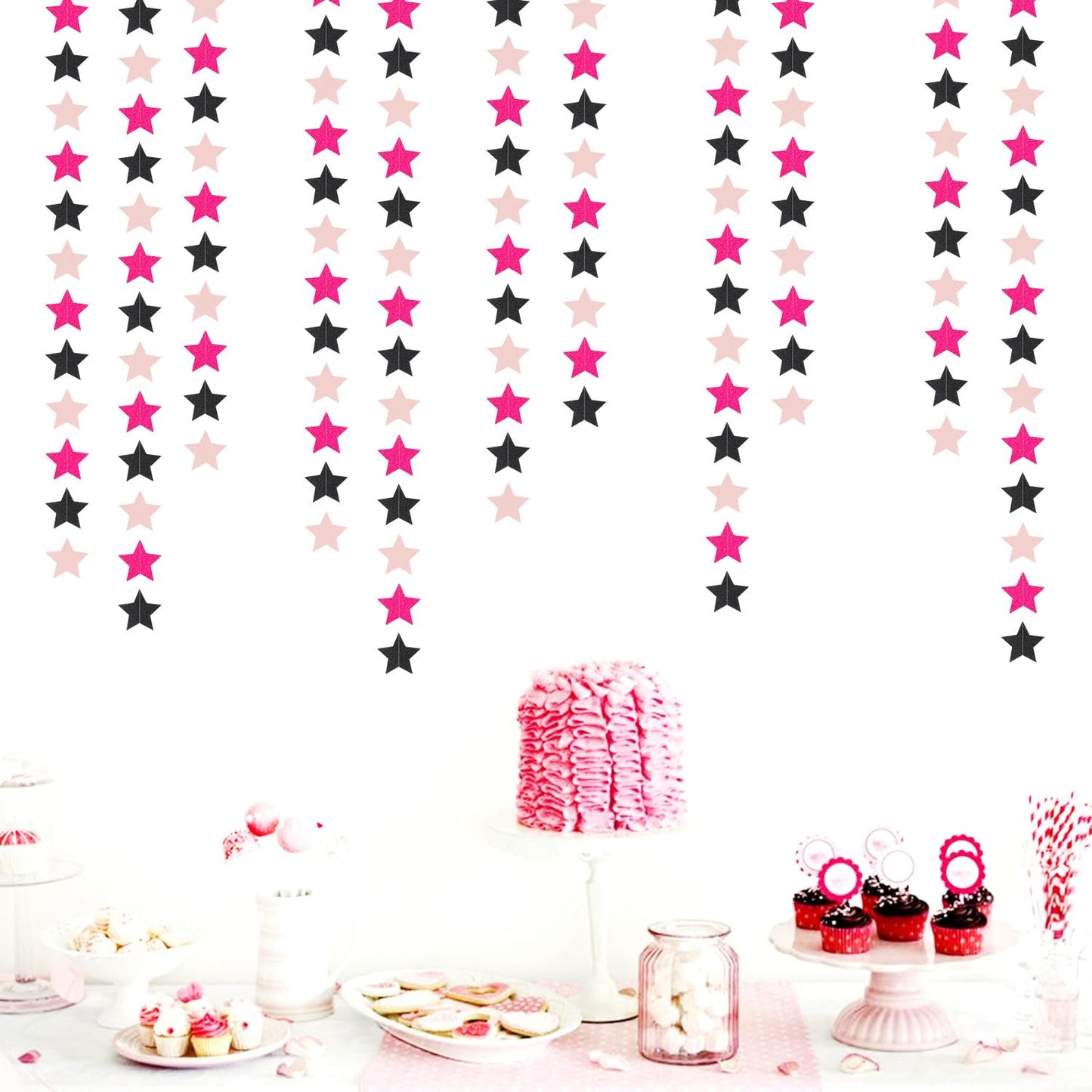 Hot-Pink Black Birthday Party-Decorations Garland - 62ft Twinkle Little Star Baby Girl Hanging Streamers Banner,Graduation Engagement Bachelorette