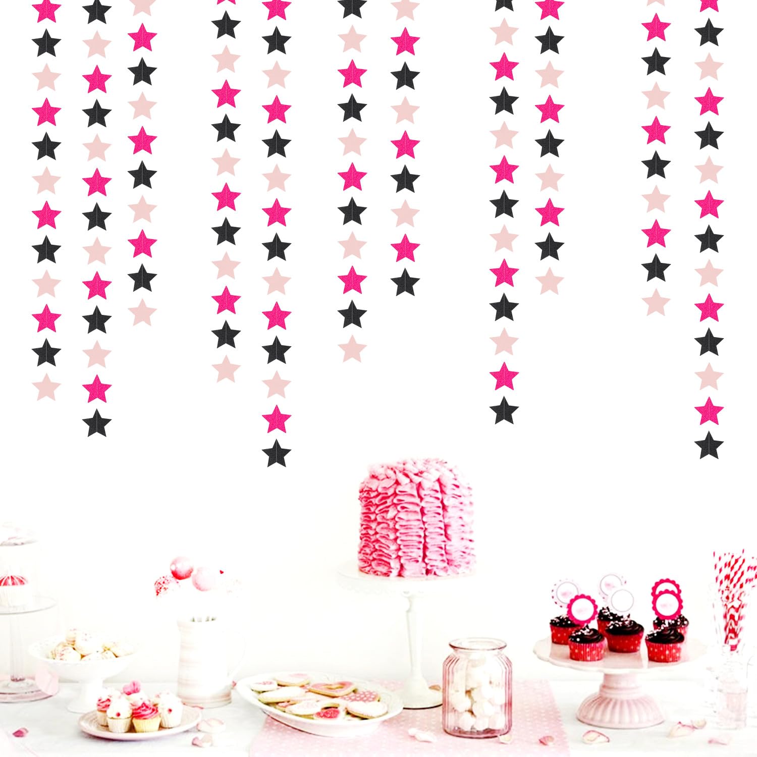 Hot-Pink Black Birthday Party-Decorations Garland - 62ft Twinkle Little Star Baby Girl Hanging Streamers Banner,Graduation Engagement Bachelorette