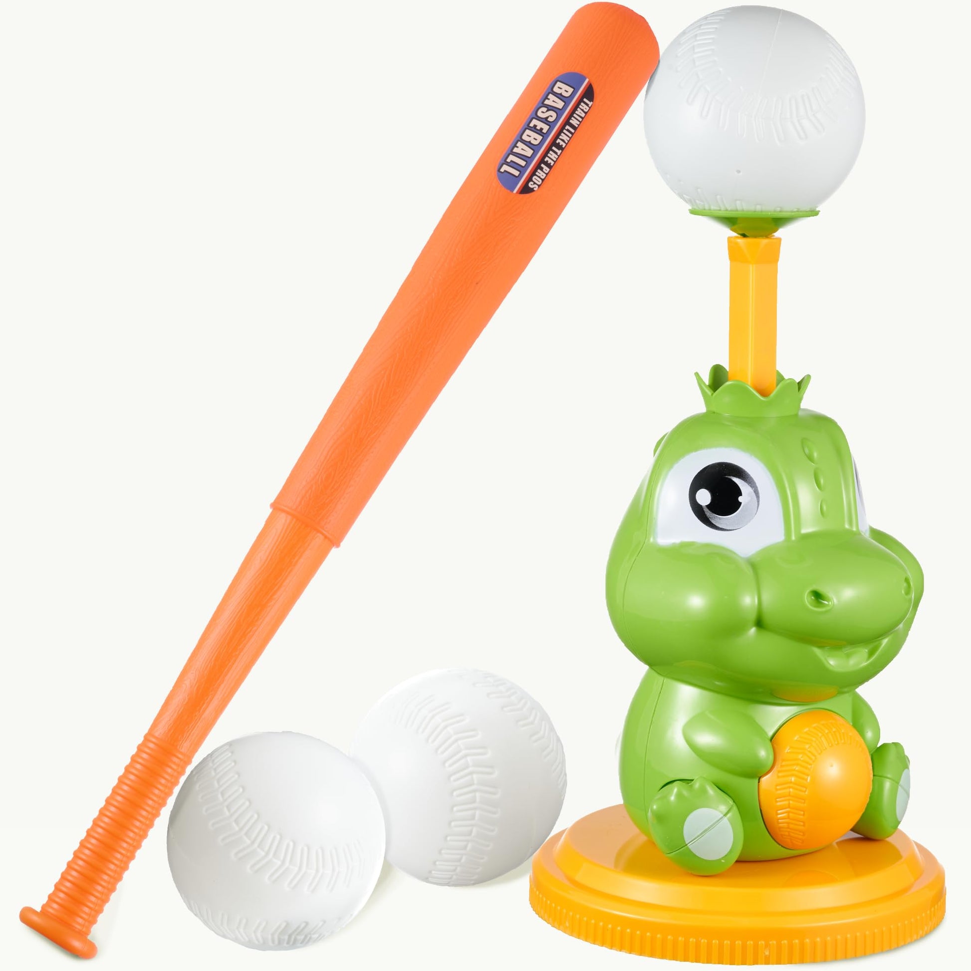 Dinoland Pop-Up T-Ball Set, Green Dinosaur Tee with Bat and 3 Balls, Indoor Outdoor Baseball Training Toy for Kids Ages 3-8