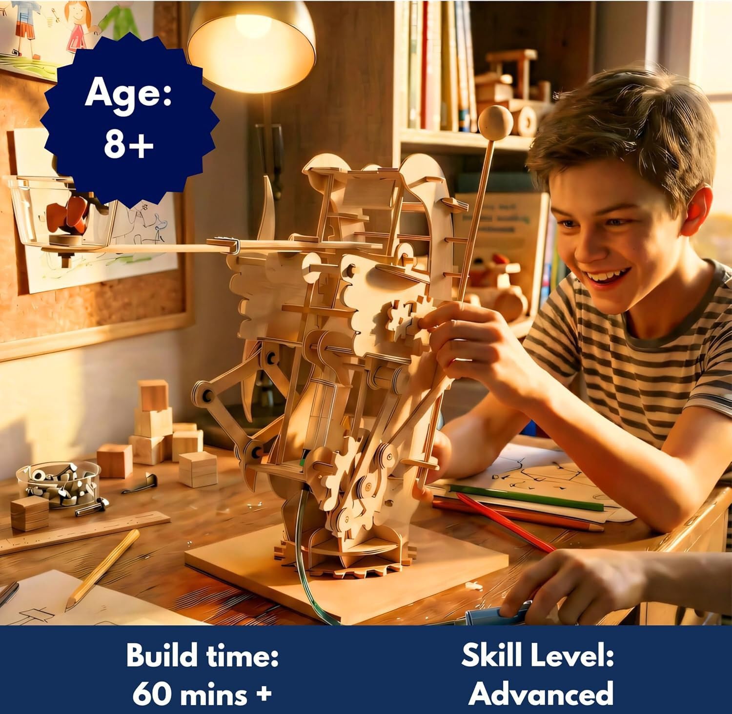 PATHFINDERS STEM Kits- Hydraulic Gearbot - Wooden STEM Building Catapult | Build-It-Yourself Hydraulic Robot with Gears & Launcher | Educational