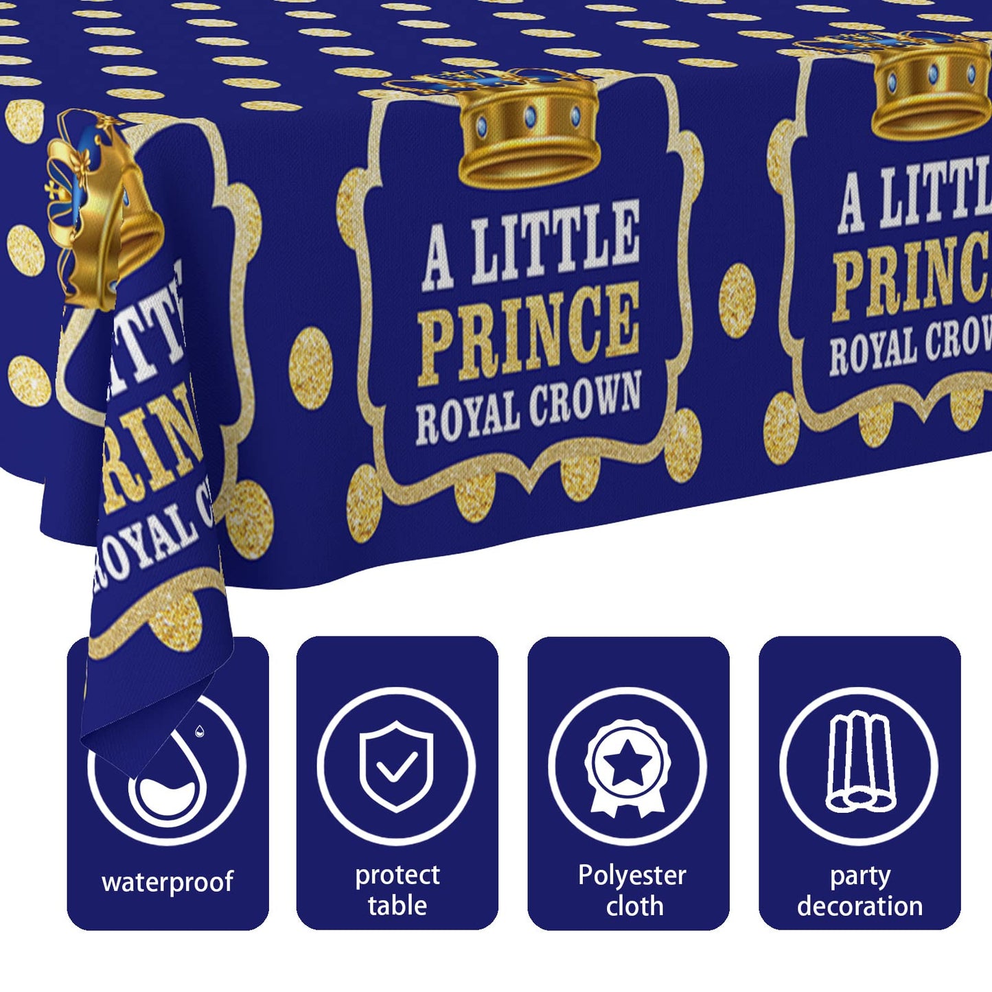 Junliang A Little Prince Royal Crown Tablecloth Blue Gold Dot Sequin Printed Table Cover Decoration for Little Prince Theme Party Kids Boy Baby Shower