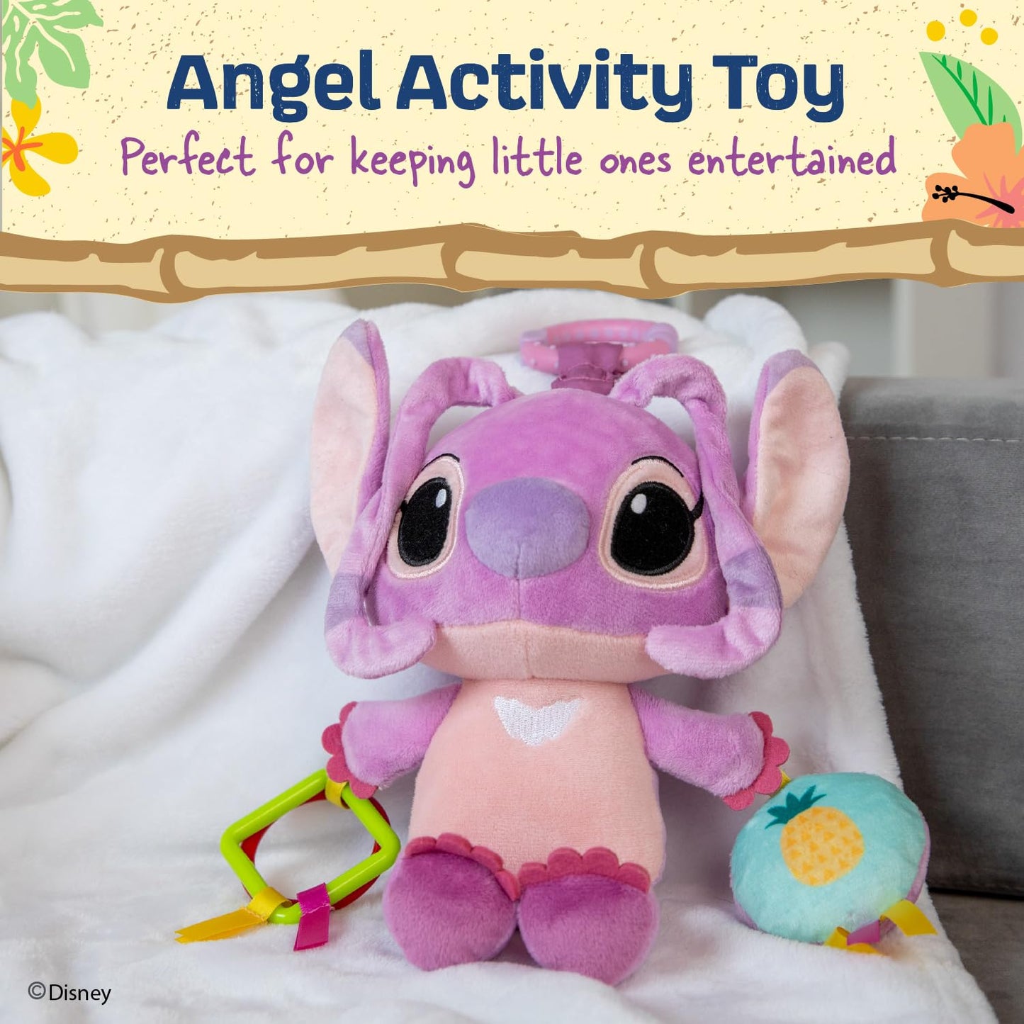 Kids Preferred Disney Baby Lilo and Stitch Angel On The Go Activity Toy with Teether Rings, On The Go Clip, Crinkle Texture, and Mirror