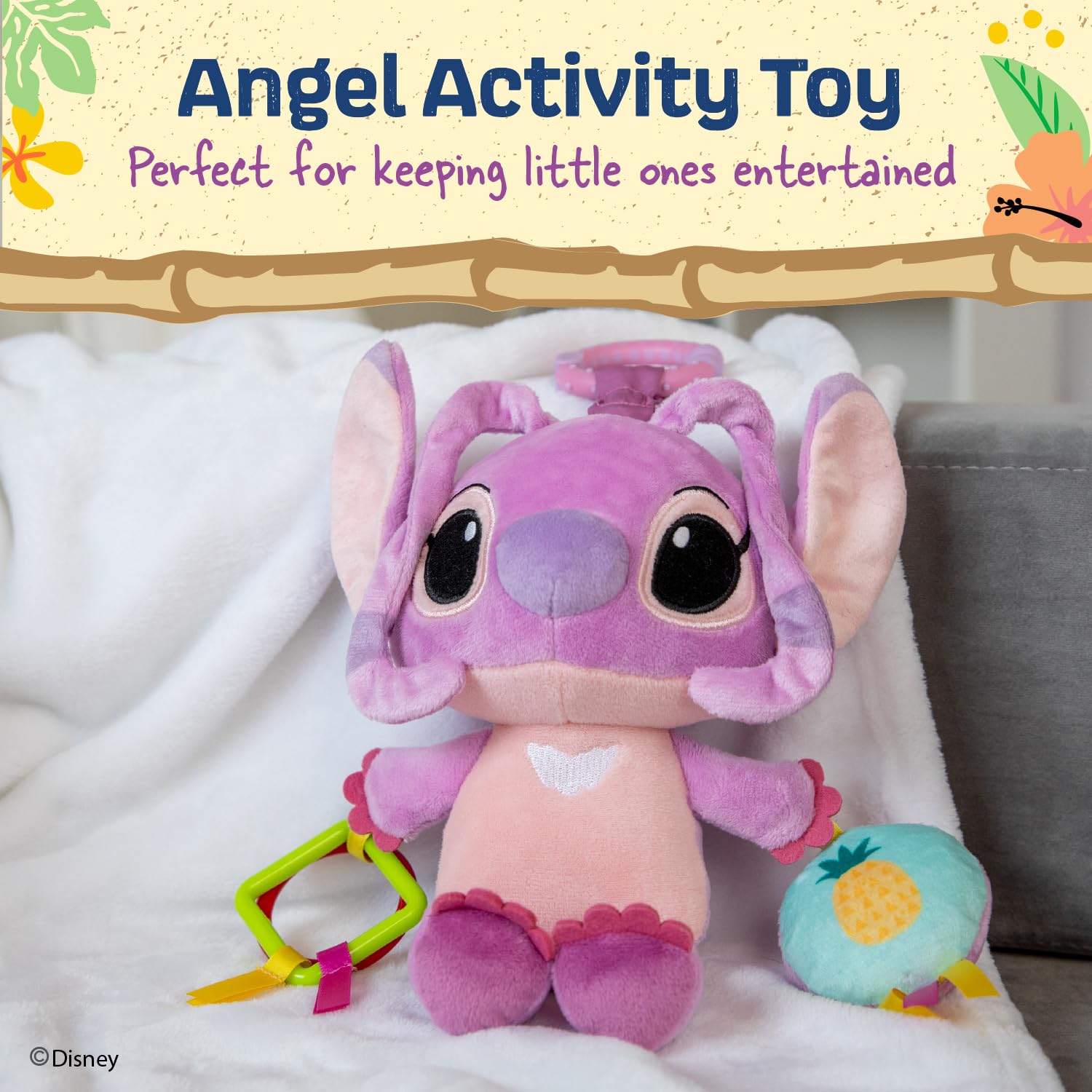 Kids Preferred Disney Baby Lilo and Stitch Angel On The Go Activity Toy with Teether Rings, On The Go Clip, Crinkle Texture, and Mirror