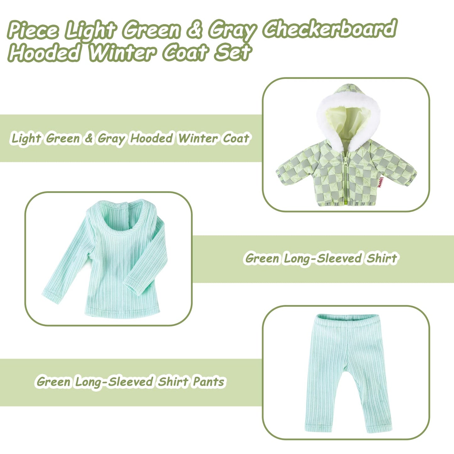 Rakki Dolli Doll Clothes 3 Pc. Set Light Green Grey Plaid Hooded Thick Coat Checkerboard Jacket with Long Sleeve, Warm Doll Outfit Hoodie Snowsuit