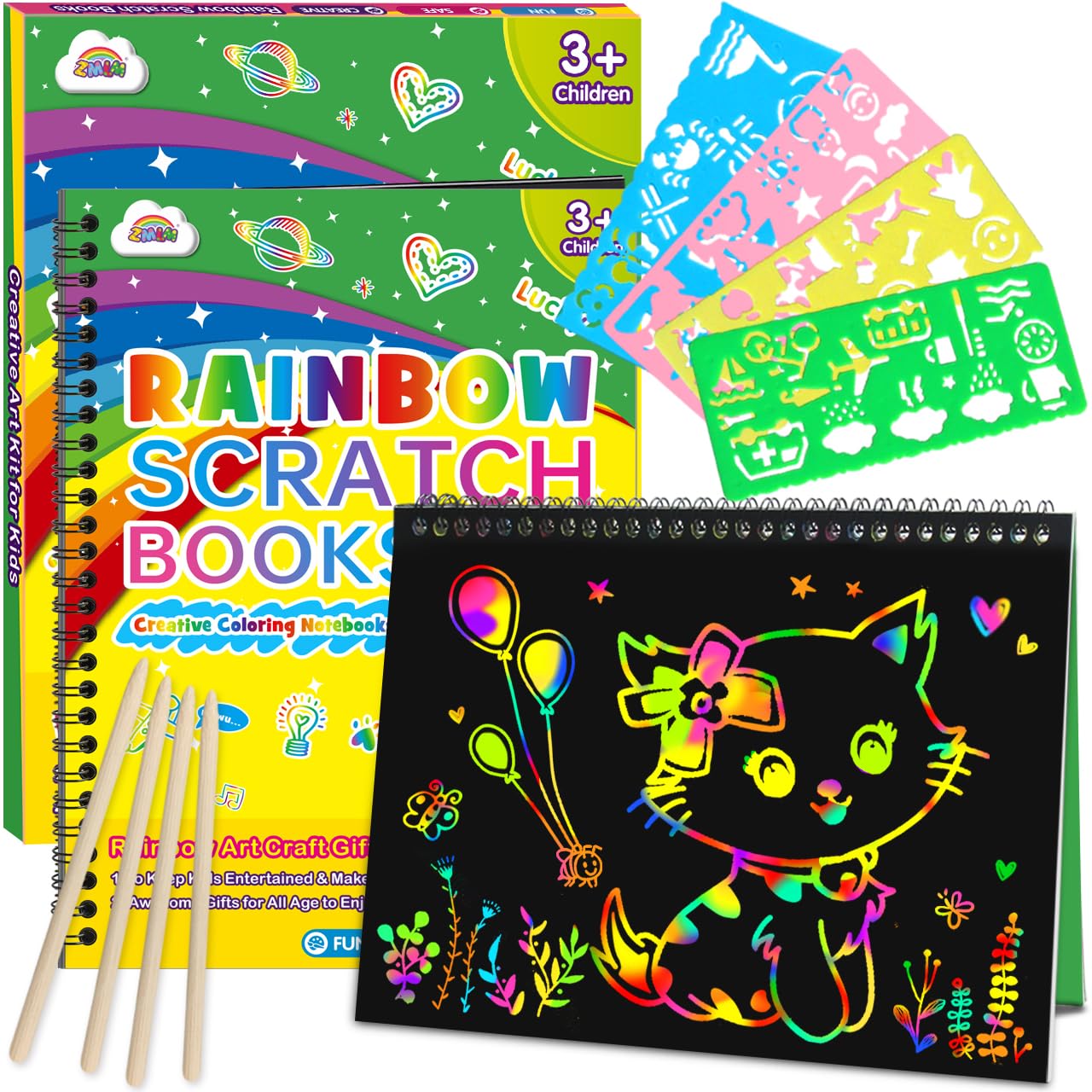 ZMLM Scratch Paper Art Craft: 2 Pack Rainbow Scratch Notebooks Crafts for Kids Ages 4-8 Year Old Girl Birthday Gift Games for Kids Arts Kits School