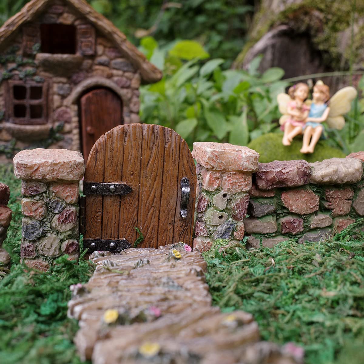 Treasure Gurus Miniature Stone Pillar Wood Gate Fairy Garden Ornament Dollhouse Decor Accessory