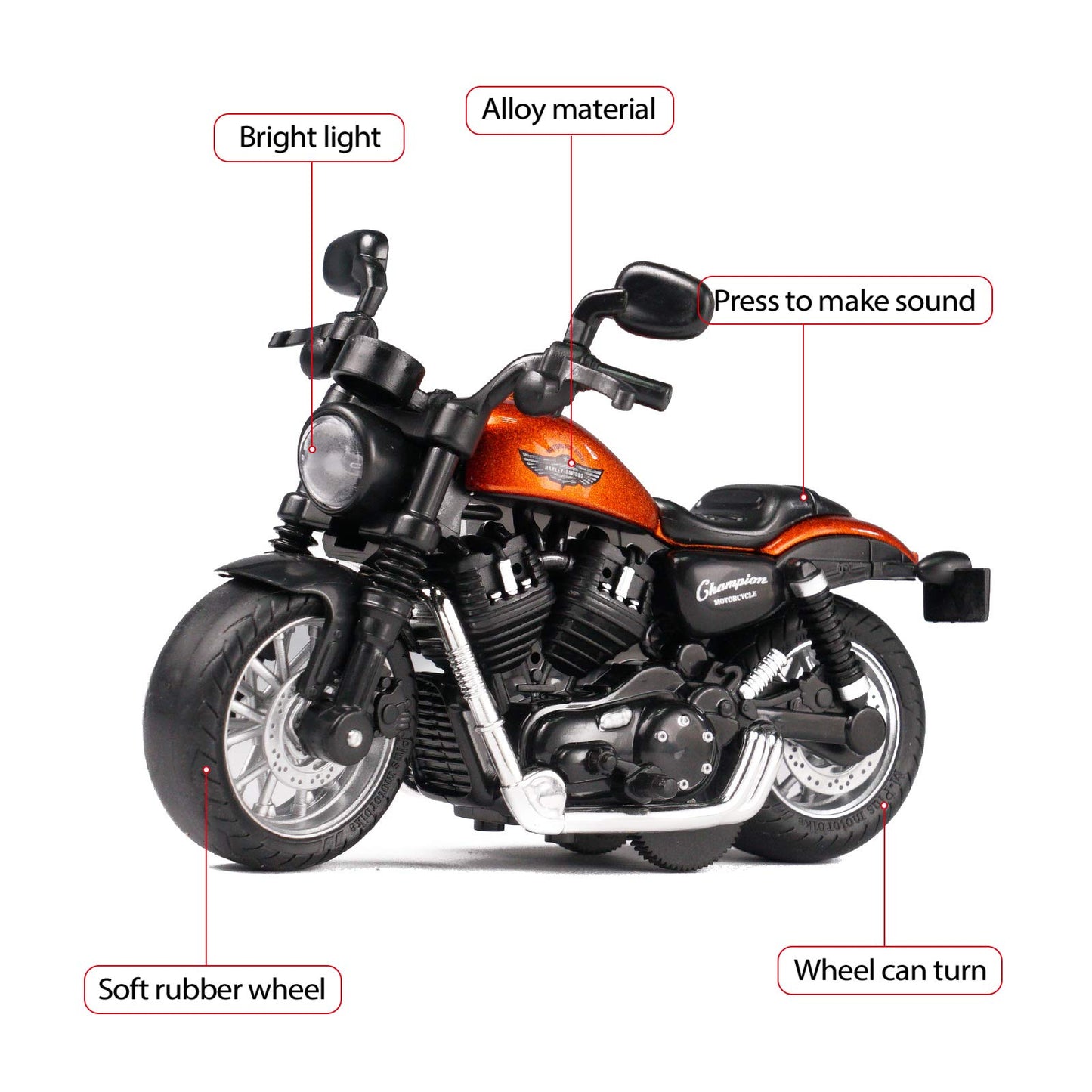 MING YING 66 Mini Toy Motorcycle - Pull Back Toy Cars with Sound and Light Toy,Toy Motorcycles for Toddlers,Motorcycle Toys for Boys Age 3-9 (Orange)