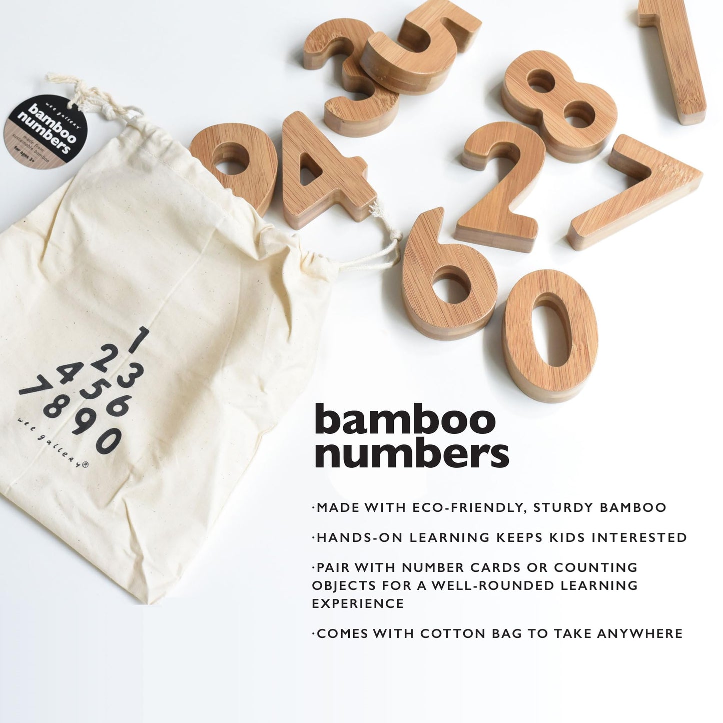 Wee Gallery Bamboo Numbers Set - Number Learning for Baby, Toddler, Preschool Age Kids - Interactive Wooden Numbers to Stimulate Early Development