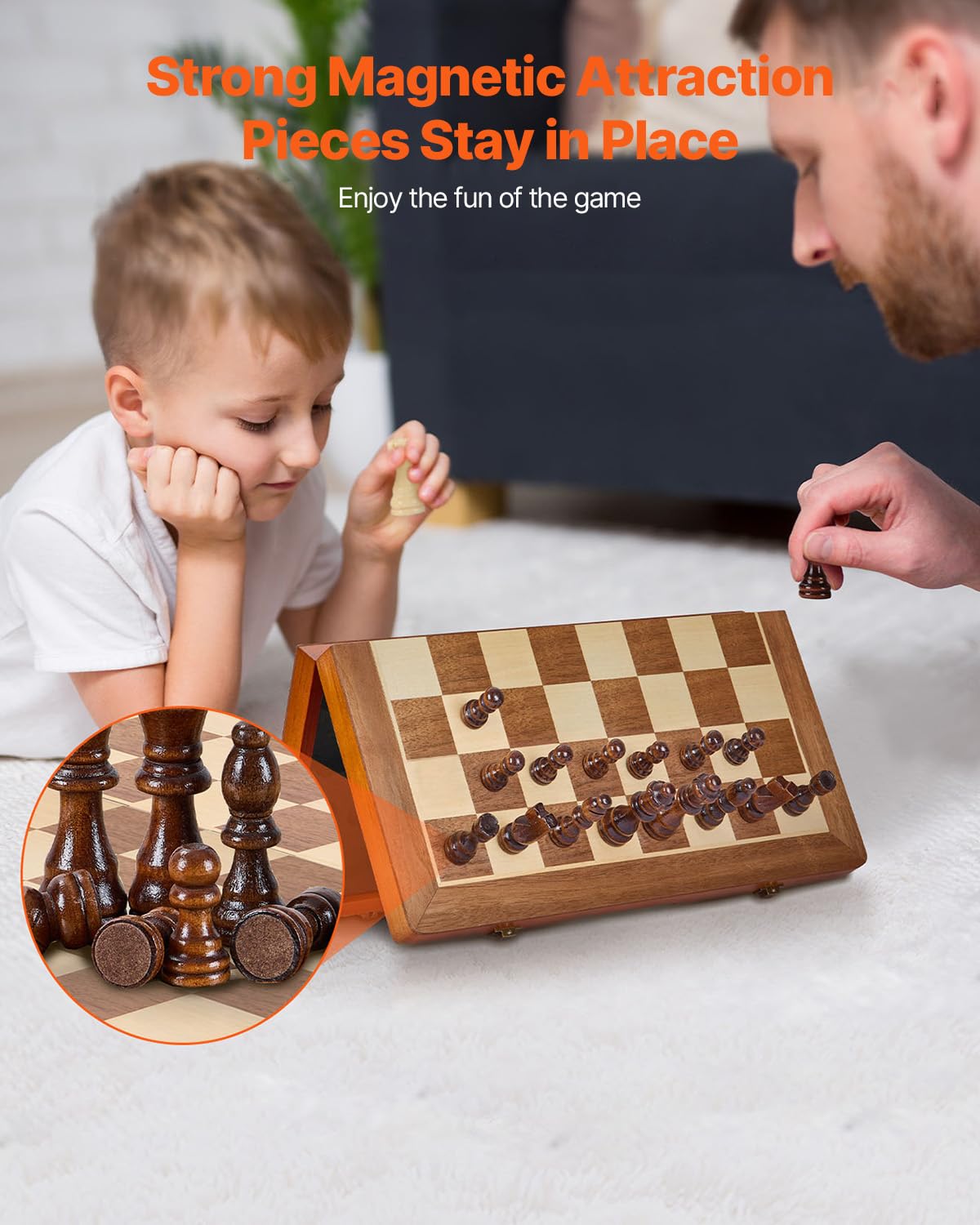 VEVOR 15-inch Magnetic Wooden Chess Set, 2-in-1 Folding Chess and Checkers Game for Adults and Kids, Portable Travel Chess Set with 2 Queens, Ideal